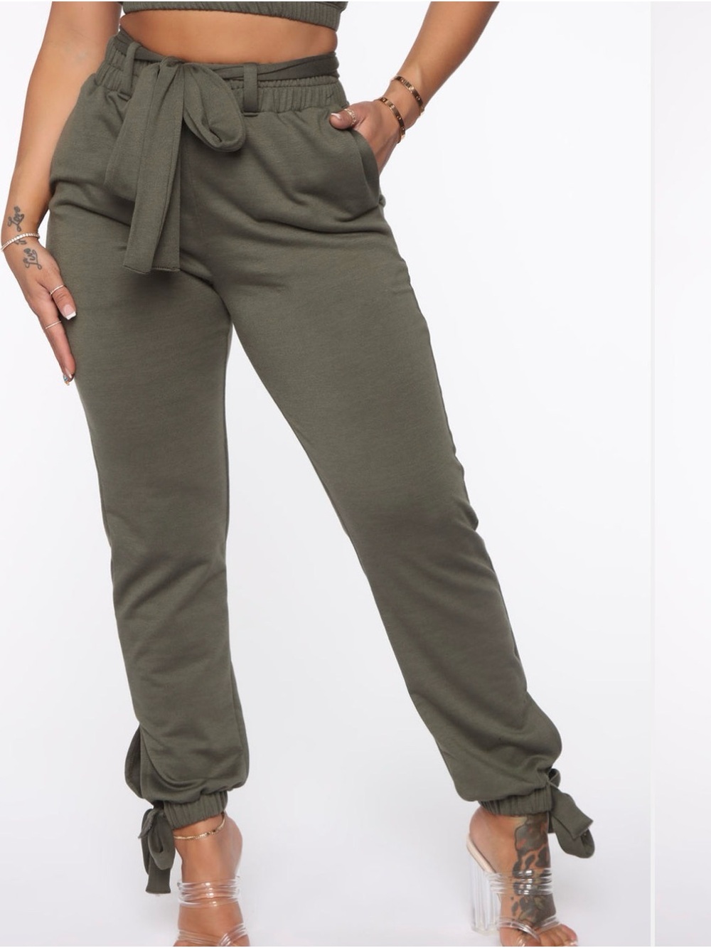 Fashion Nova Olive Tie-Waist Jogger with Ankle Bows